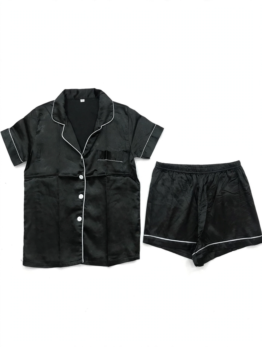 Women's Satin Night Suit – Short Sleeve Shirt & Shorts Pyjama Set (Black with White Piping, Size XS)