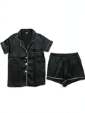 Women's Satin Night Suit – Short Sleeve Shirt & Shorts Pyjama Set (Black with White Piping, Size XS)