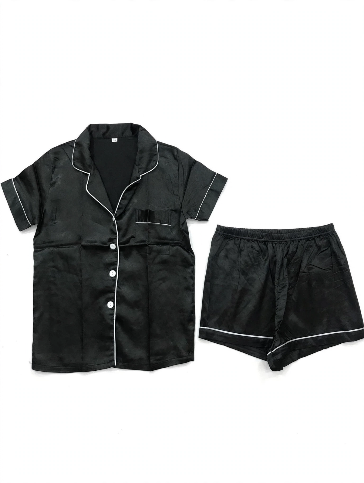 Women's Satin Night Suit – Short Sleeve Shirt & Shorts Pyjama Set (Black with White Piping, Size XS)