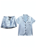 Women's Satin Night Suit – Heart Embroidery Pocket Shirt & Shorts Pyjama Set (Light Blue, Size M)