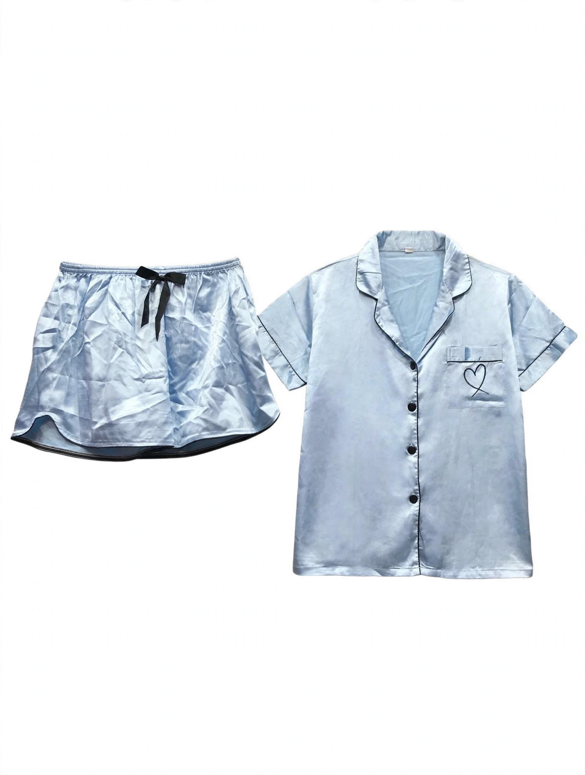 Women's Satin Night Suit – Heart Embroidery Pocket Shirt & Shorts Pyjama Set (Light Blue, Size M)