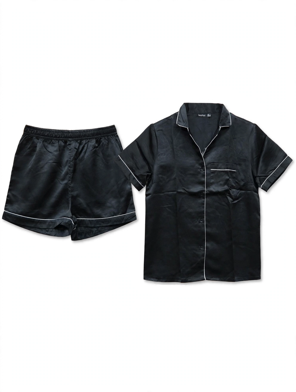 boohoo Satin Pyjama Set – Short Sleeve Shirt & Shorts (Black with White Piping, UK 12)