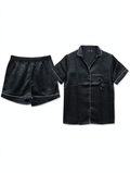boohoo Satin Pyjama Set – Short Sleeve Shirt & Shorts (Black with White Piping, UK 12)