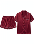 Women's Satin Night Suit – Short Sleeve Shirt & Shorts Pyjama Set (Burgundy with White Piping, Size L)
