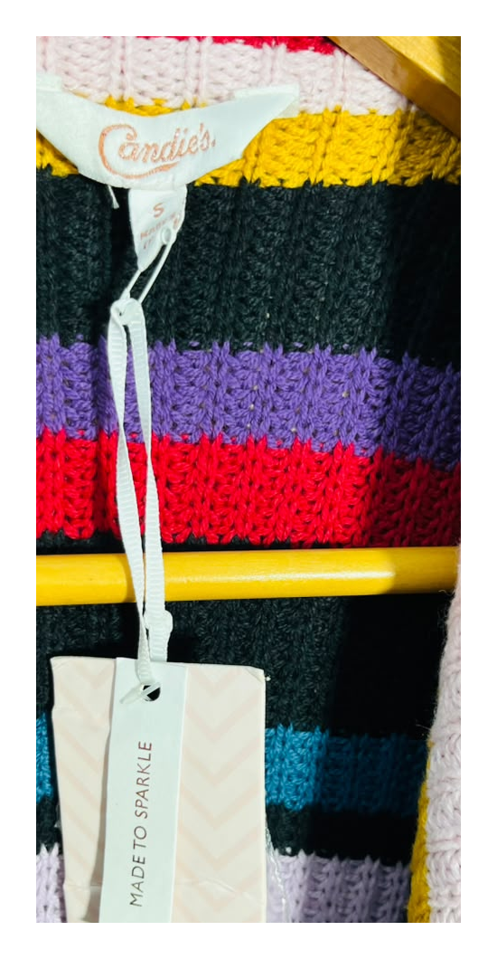 Candie's Multicolor Striped Open-Front Knit Cardigan (Size S)