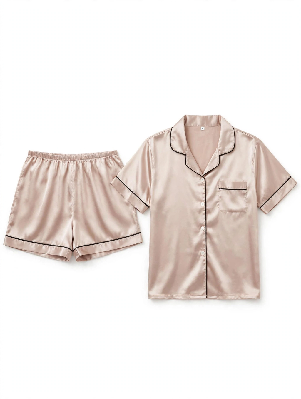 Women's Satin Night Suit – Short Sleeve Shirt & Shorts Pyjama Set (Champagne with Dark Piping, Size M)