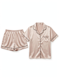 Women's Satin Night Suit – Short Sleeve Shirt & Shorts Pyjama Set (Champagne with Dark Piping, Size M)