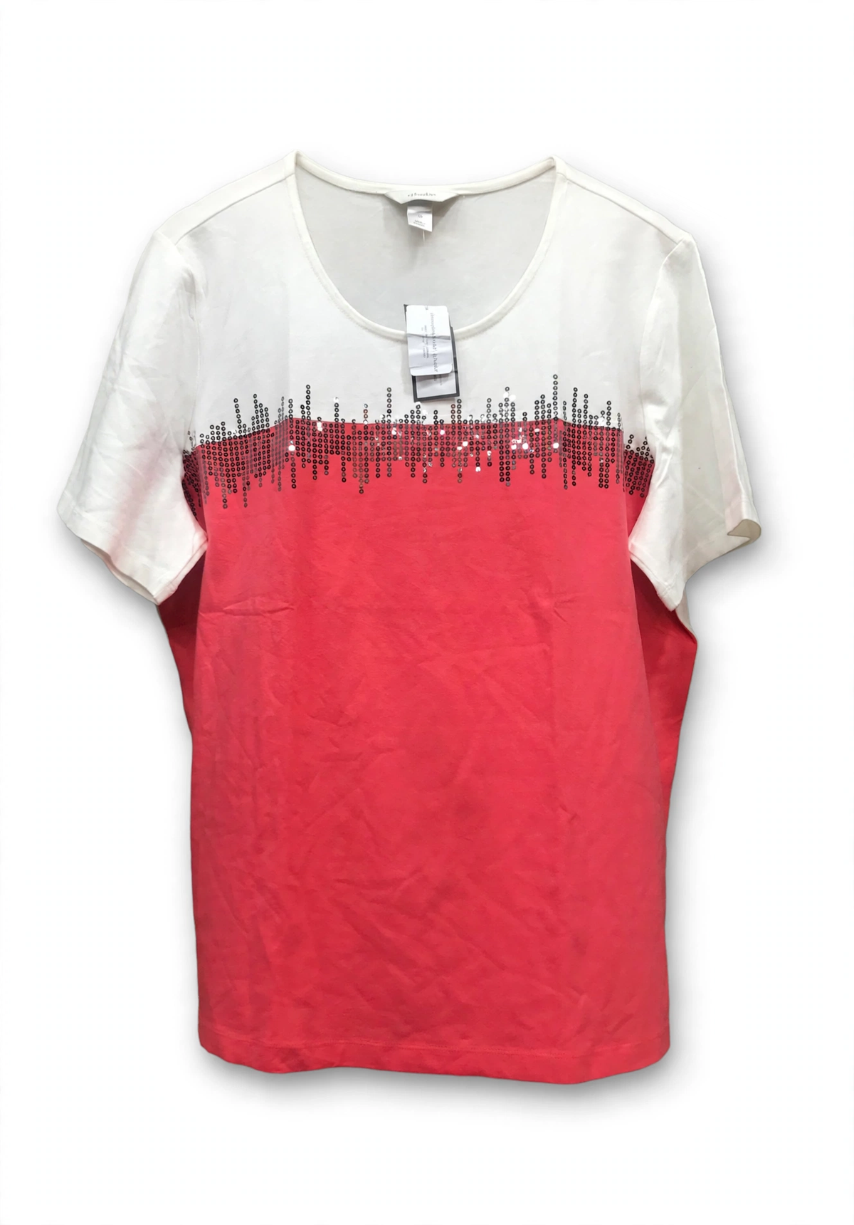 CJ Banks Sequin Dot Colorblock Tee – White/Coral (Size 1X)