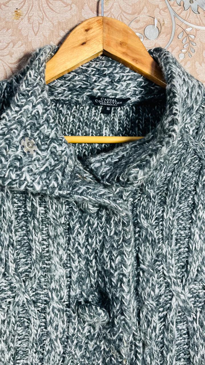 Debenhams Grey Marle Chunky Cowl-Neck Cardigan (Size 16)