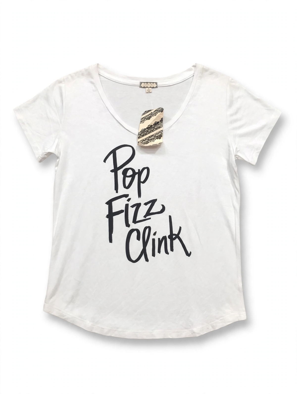 Eyeshadow Pop Fizz Clink V-Neck Tee – White (Size S)