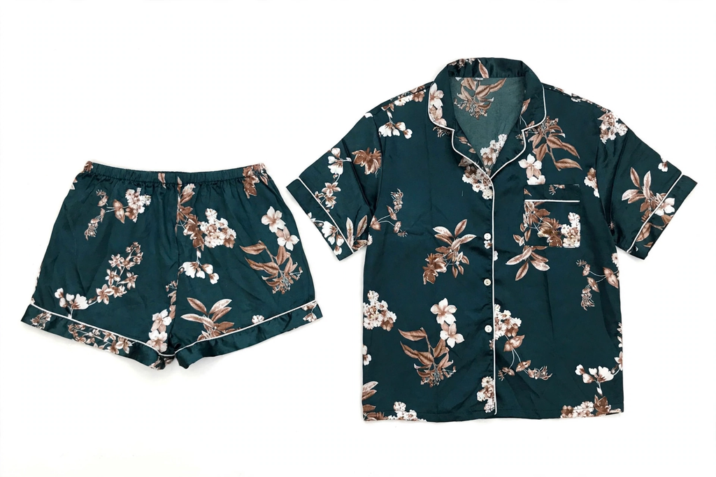 Women's Satin Floral Pyjama Set – Shirt & Shorts (Dark Teal Floral, Size M)