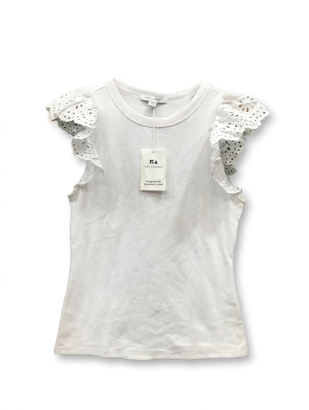 Free Assembly Eyelet Ruffle Sleeve T-Shirt – White (Size XS)