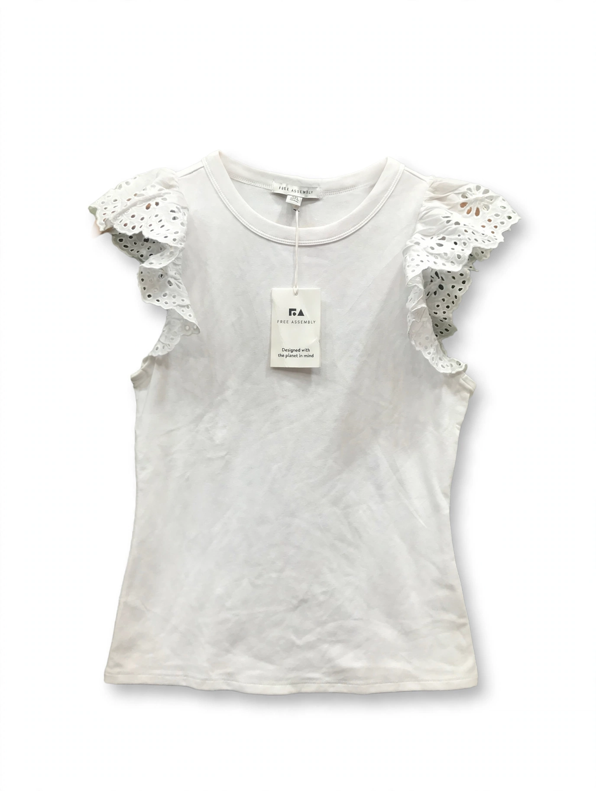 Free Assembly Eyelet Ruffle Sleeve T-Shirt – White (Size XS)