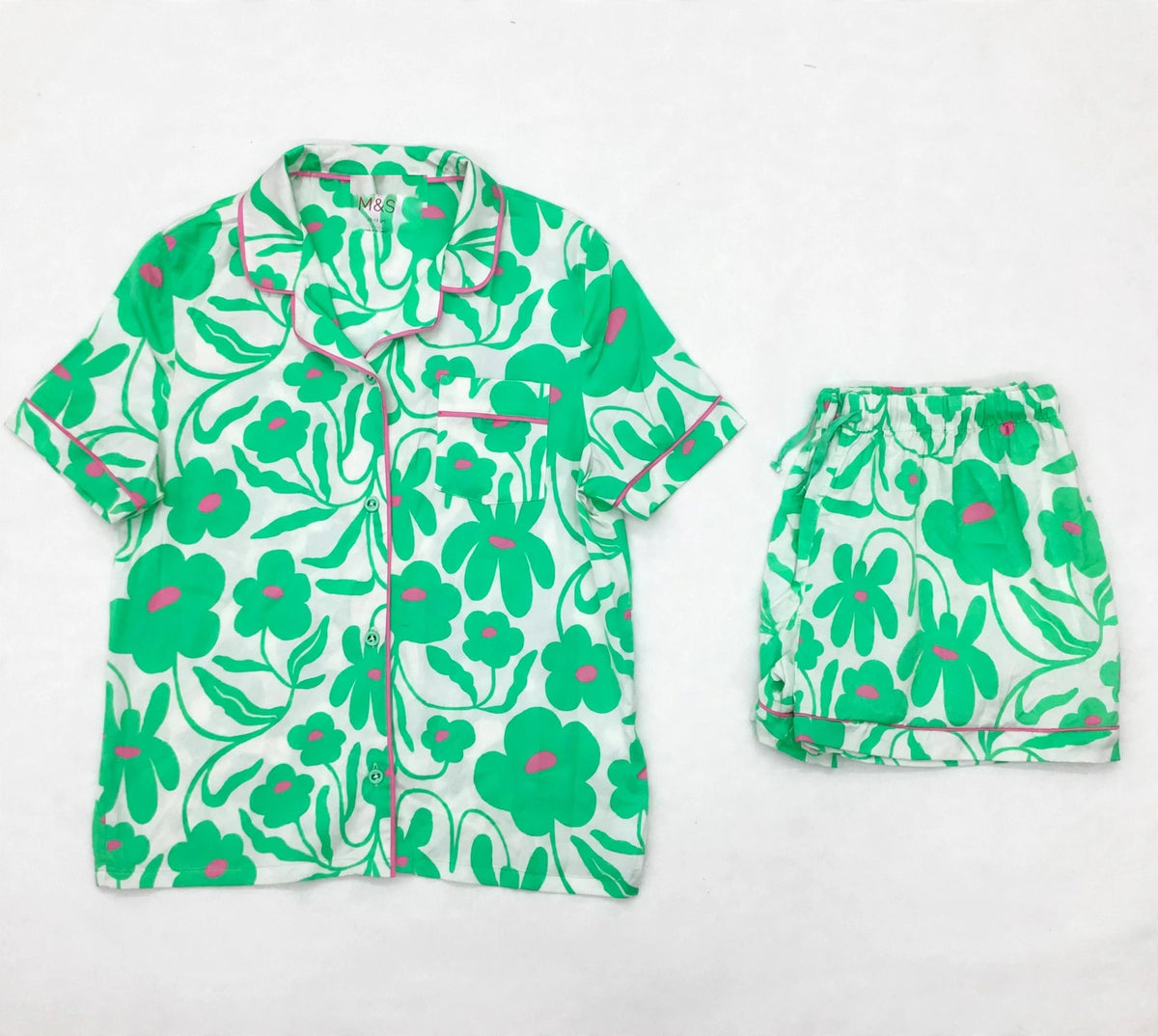 Women's green floral M&S satin night suit set with shirt and shorts