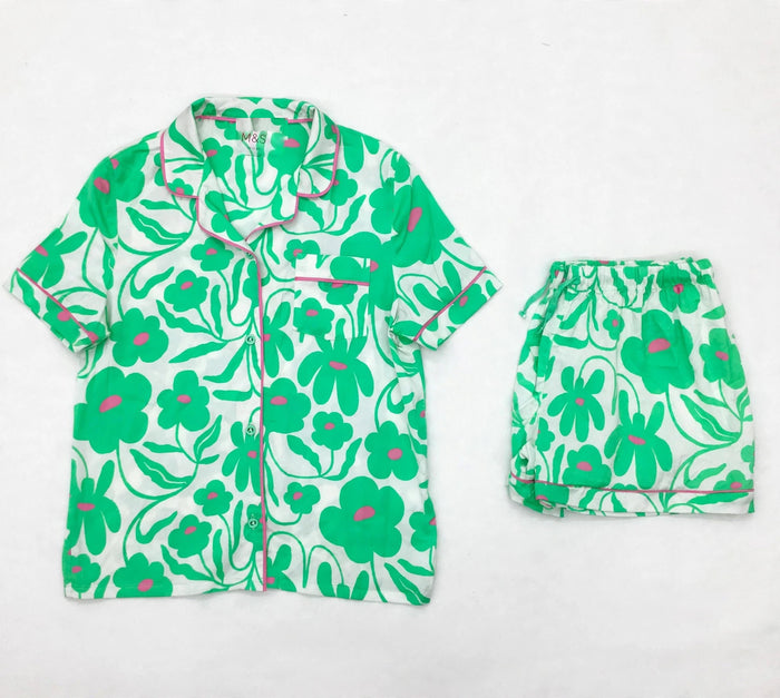 M&S Rosie Dream Satin Floral Pyjama Set – Short Sleeve Shirt & Shorts (Green Mix)