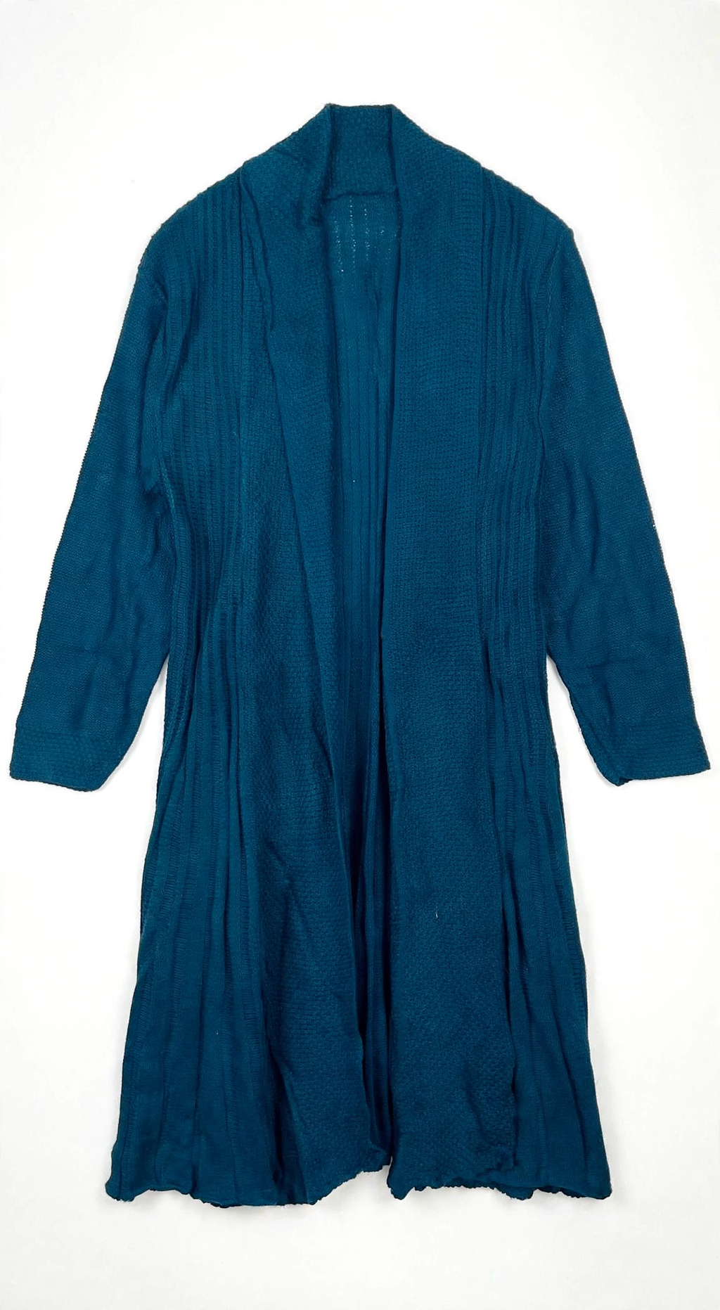 Harmony Teal-Blue Textured Longline Cardigan with Shawl Collar
