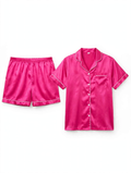 Women's Satin Night Suit – Short Sleeve Shirt & Shorts Pyjama Set (Hot Pink with White Piping, Size 160)