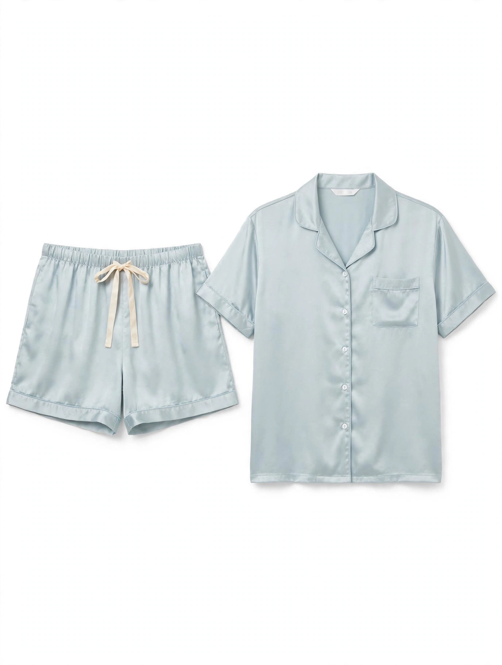Primark Satin Pyjama Set – Short Sleeve Shirt & Shorts (Ice Blue, Size L)