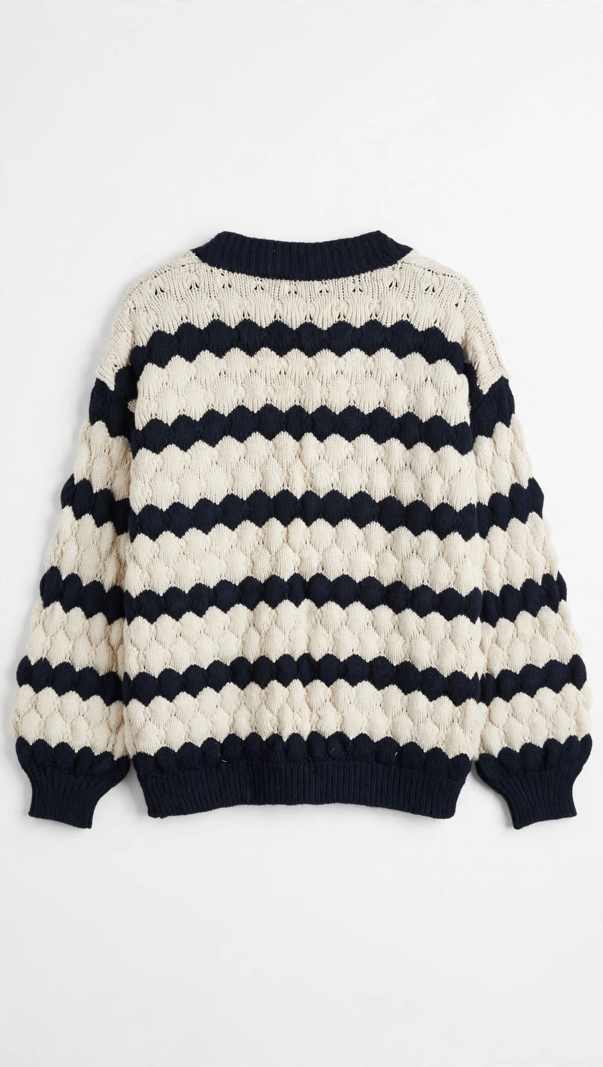 Kirundo Navy and Cream Cable-Knit Scallop-Stripe Cardigan (Size M)