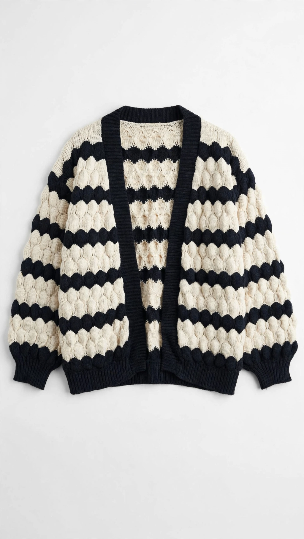 Kirundo Navy and Cream Cable-Knit Scallop-Stripe Cardigan (Size M)