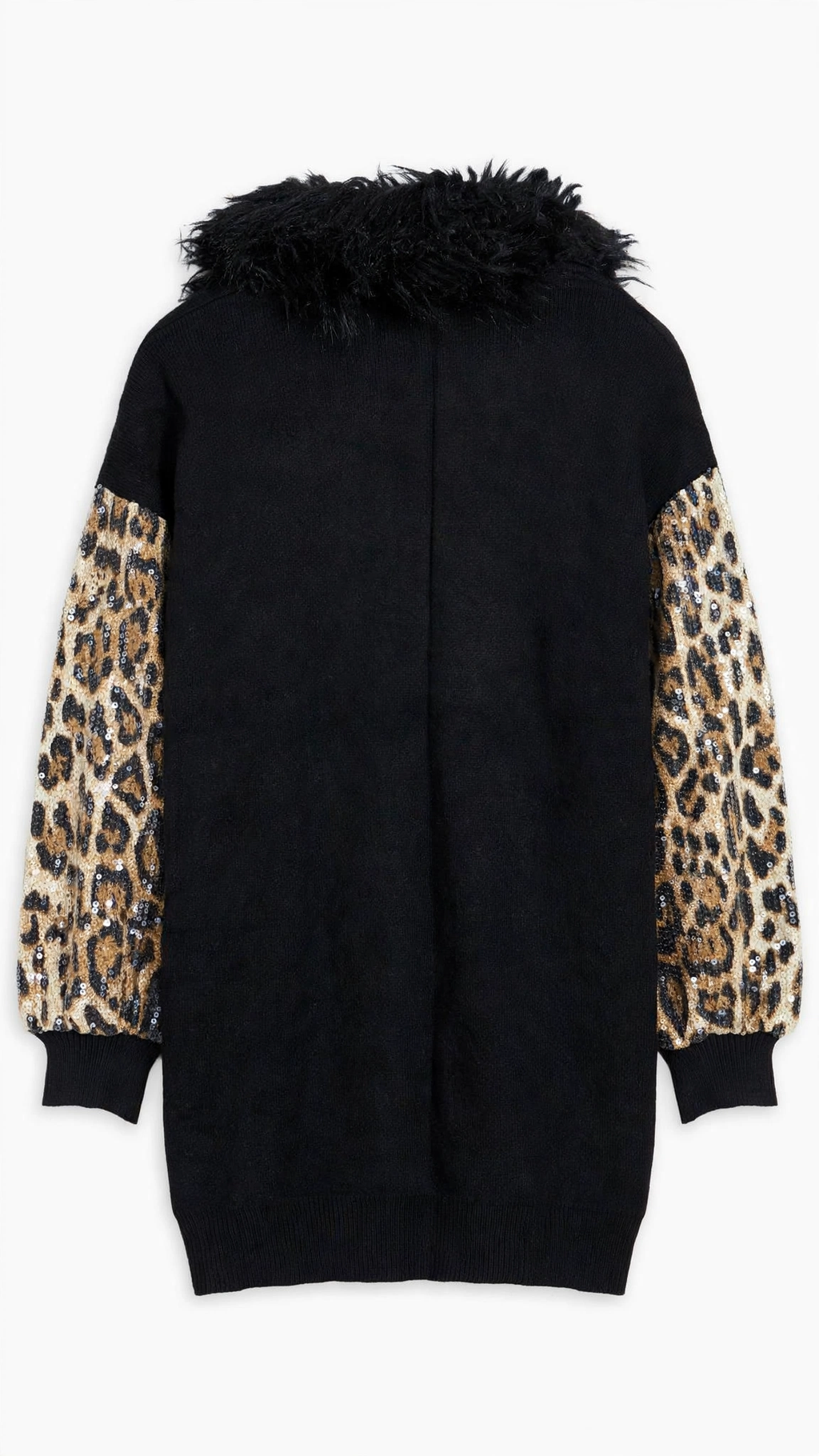 LaMiao Black Cardigan with Leopard Sequin Sleeves and Faux-Fur Collar (Size L)