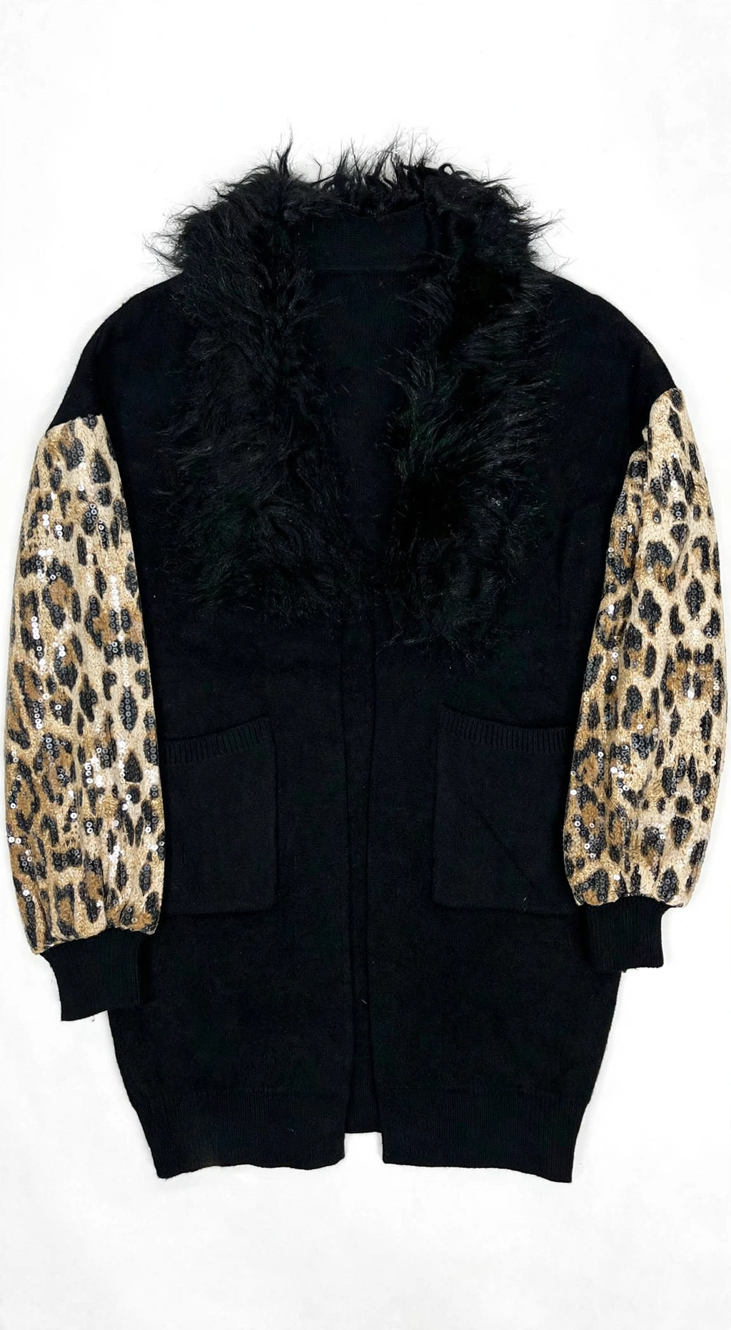 LaMiao Black Cardigan with Leopard Sequin Sleeves and Faux-Fur Collar (Size L)