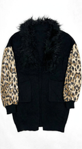LaMiao Black Cardigan with Leopard Sequin Sleeves and Faux-Fur Collar (Size L)