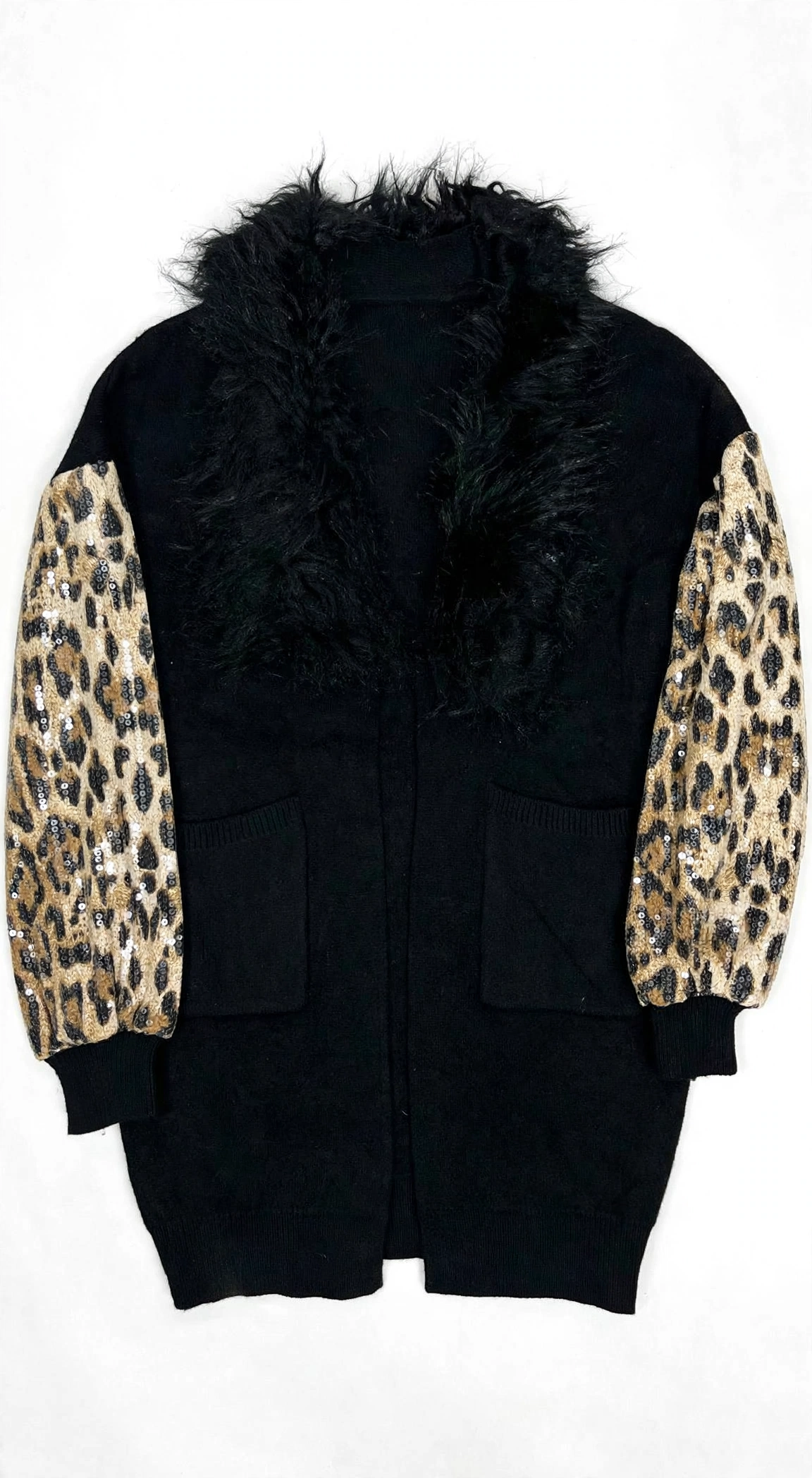LaMiao Black Cardigan with Leopard Sequin Sleeves and Faux-Fur Collar (Size L)