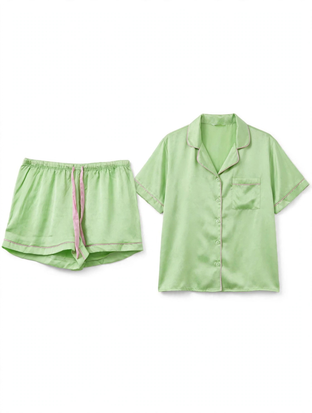 Primark Satin Pyjama Set – Short Sleeve Shirt & Shorts (Lime Green with Pink Piping, Size M)
