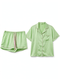 Primark Satin Pyjama Set – Short Sleeve Shirt & Shorts (Lime Green with Pink Piping, Size M)