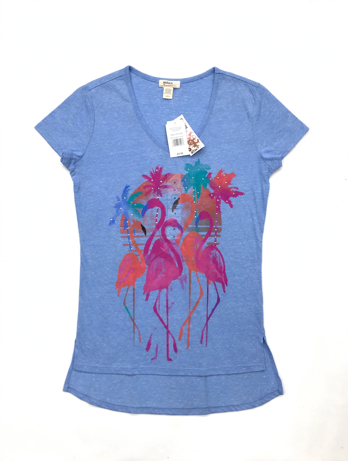 Madison & Berkeley Flamingo Graphic V-Neck T-Shirt – Periwinkle Blue (Size M)