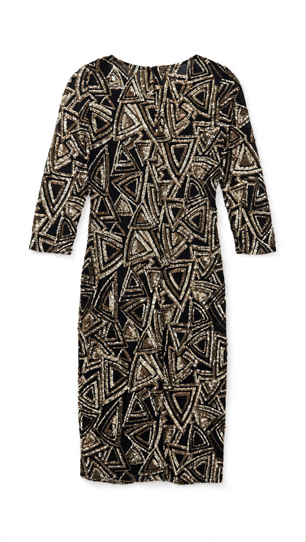 AKIRA CHICAGO Black and Gold Geometric Triangle Sequin Midi Dress (Size L)