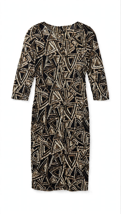 AKIRA CHICAGO Black and Gold Geometric Triangle Sequin Midi Dress (Size L)