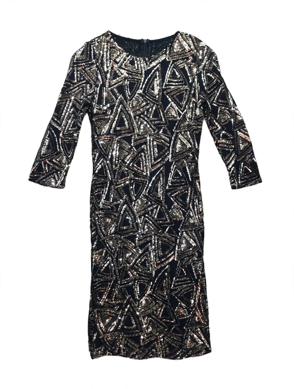 AKIRA CHICAGO Black and Gold Geometric Triangle Sequin Midi Dress (Size L)