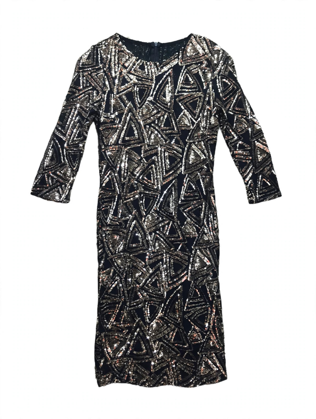 AKIRA CHICAGO Black and Gold Geometric Triangle Sequin Midi Dress (Size L)