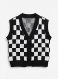 Black and White Checkered Button-Front Knit Sweater Vest (Size 160/84A)