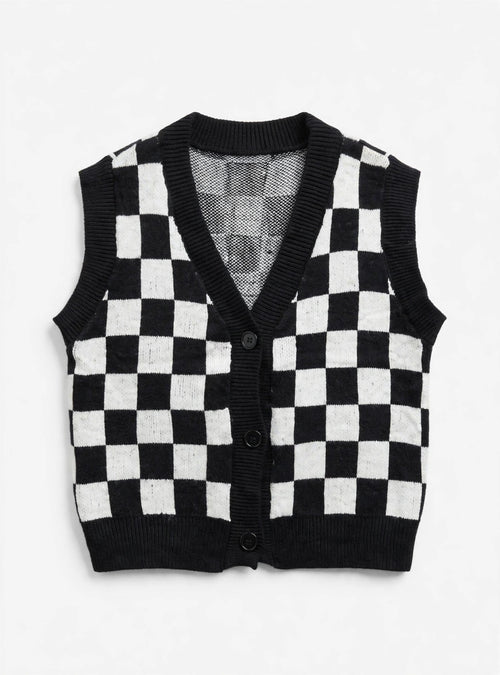 Black and White Checkered Button-Front Knit Sweater Vest (Size 160/84A)