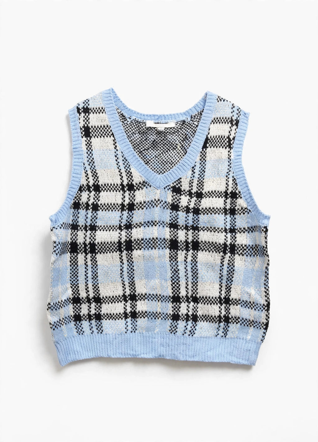 No Boundaries Light Blue Plaid Knit Sweater Vest (Juniors Size L 11-13)