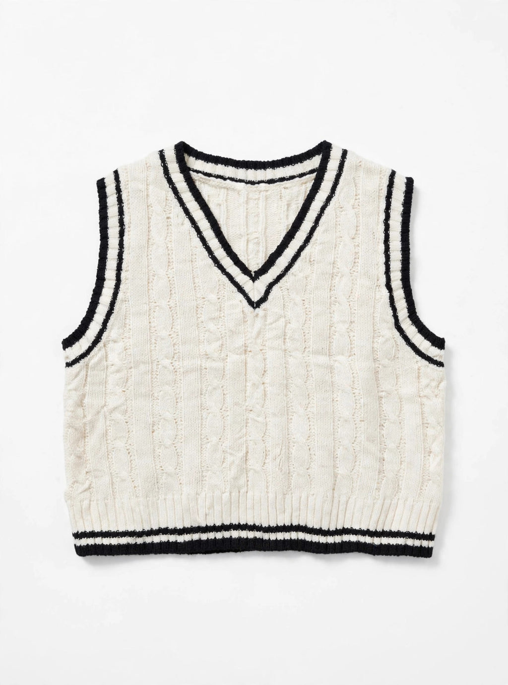 SHEIN White Cable-Knit Sweater Vest with Black Striped Trim (Size S)