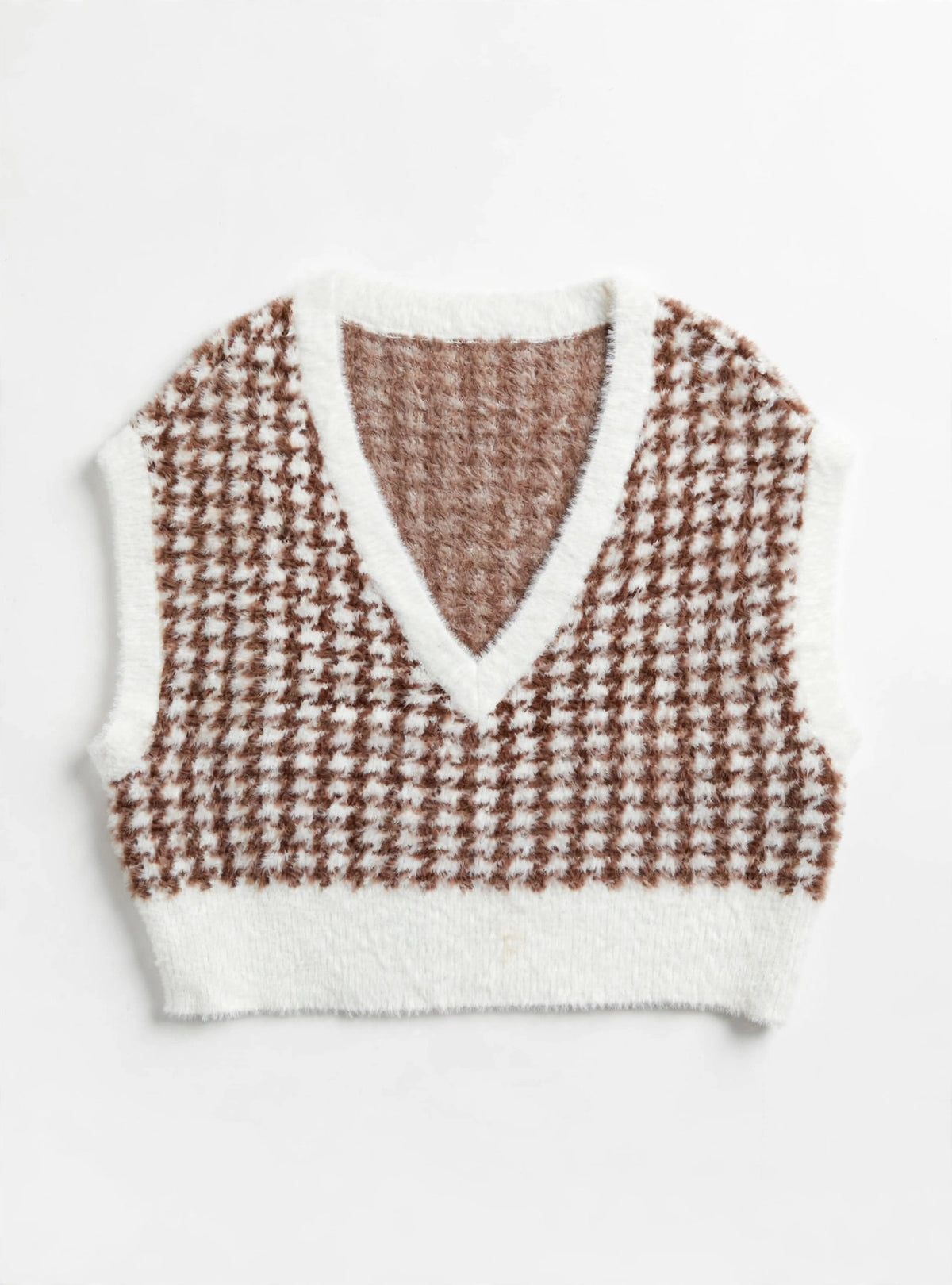 KENDALL & KYLIE Brown Houndstooth Fuzzy Knit Sweater Vest (Size S)