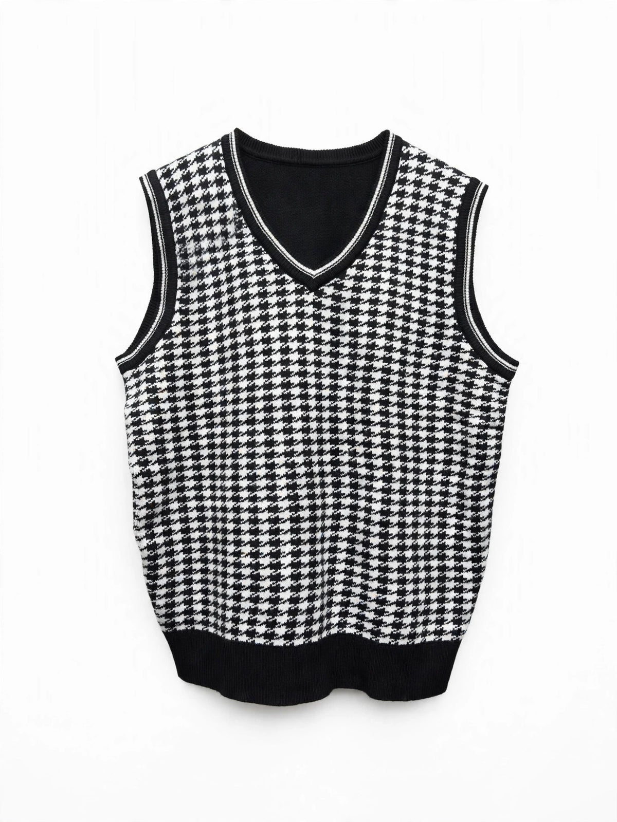 Black and White Houndstooth Knit Sweater Vest