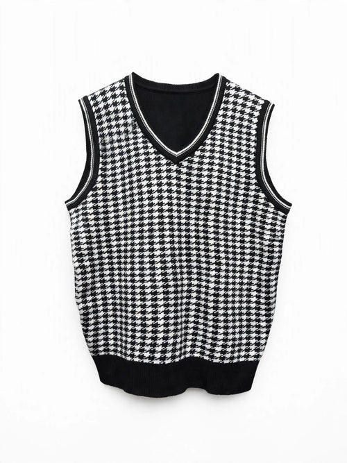 Black and White Houndstooth Knit Sweater Vest