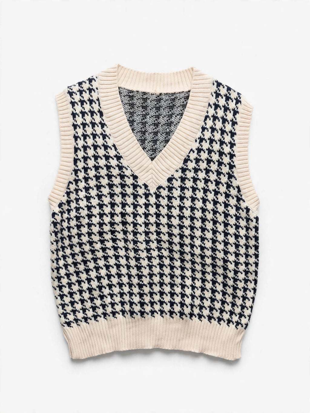 Cream and Black Houndstooth Knit Sweater Vest (Size L)