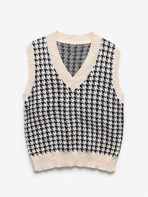 Cream and Black Houndstooth Knit Sweater Vest (Size L)