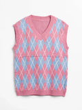 Pink Argyle Knit Sweater Vest (Size L)
