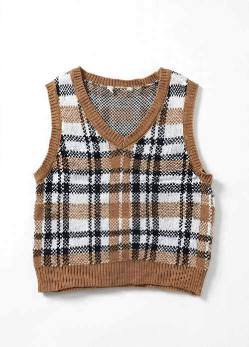 Brown Plaid Knit Sweater Vest (Size S)