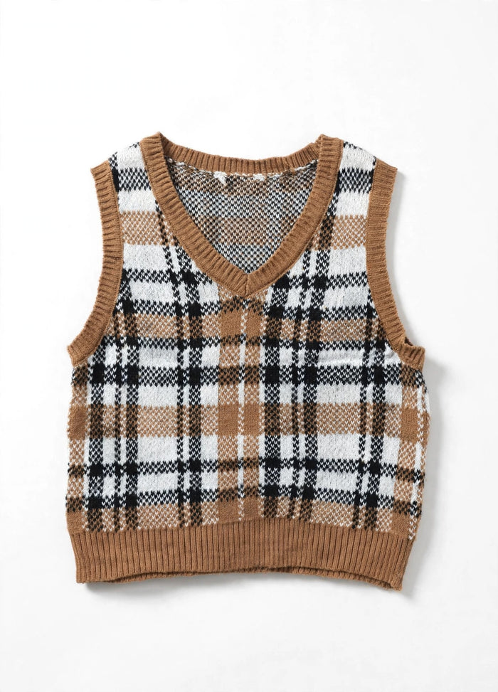 Brown Plaid Knit Sweater Vest (Size S)