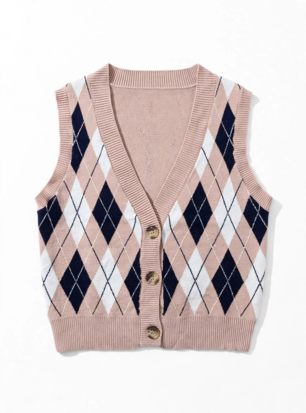 Haute Monde Dusty Pink Argyle Button-Front Sweater Vest (Size XL)