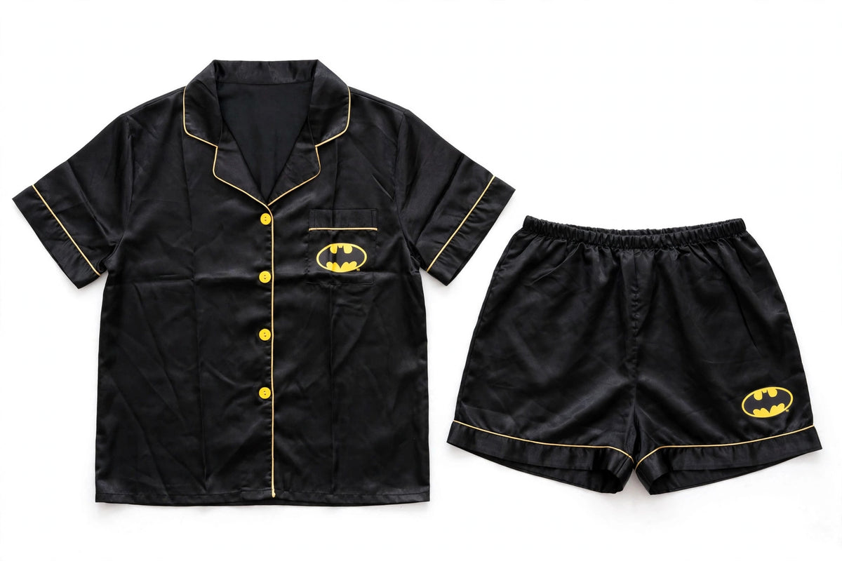Women's black satin night suit with bat-emblem print – shirt and shorts set