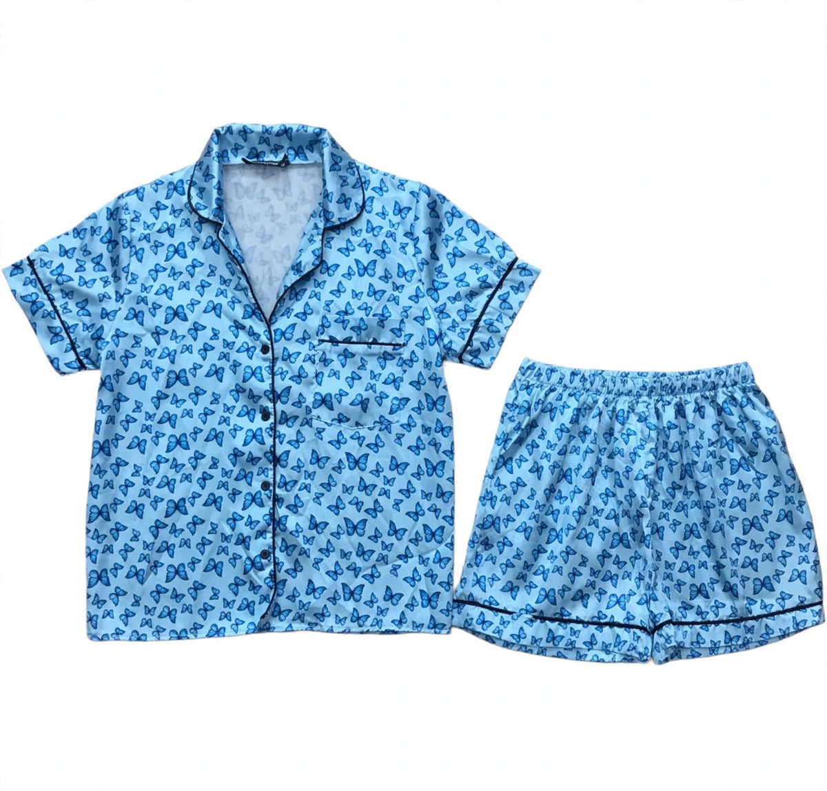 Women's light blue satin night suit with butterfly print – shirt and shorts set